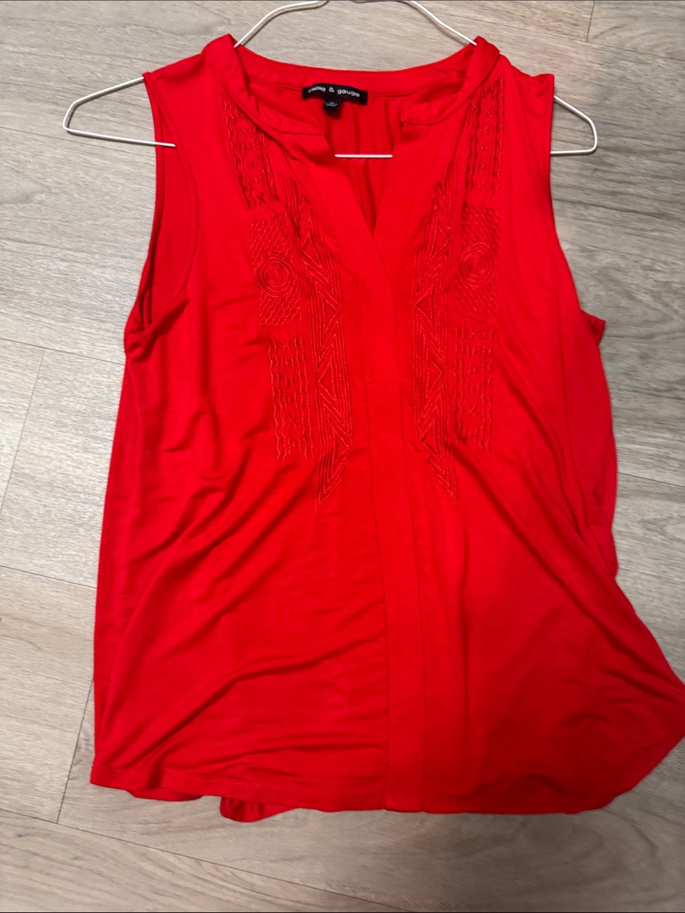 Cable & Gauge Red Sleeveless Embroidered V-Neck Tank - Picture 2 of 8